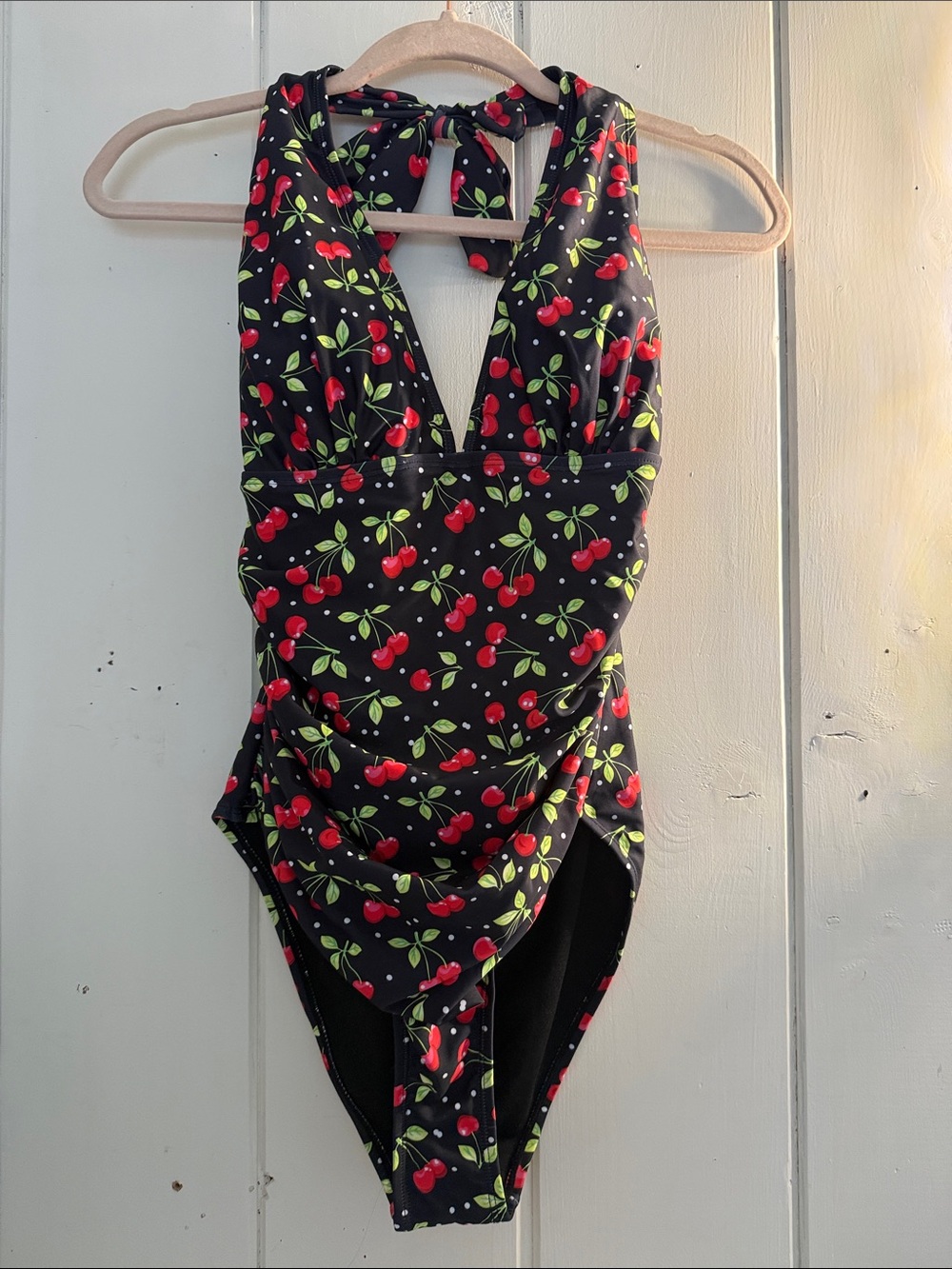 Black Cherry-Print One-Piece Swimsuit - Classic Halter